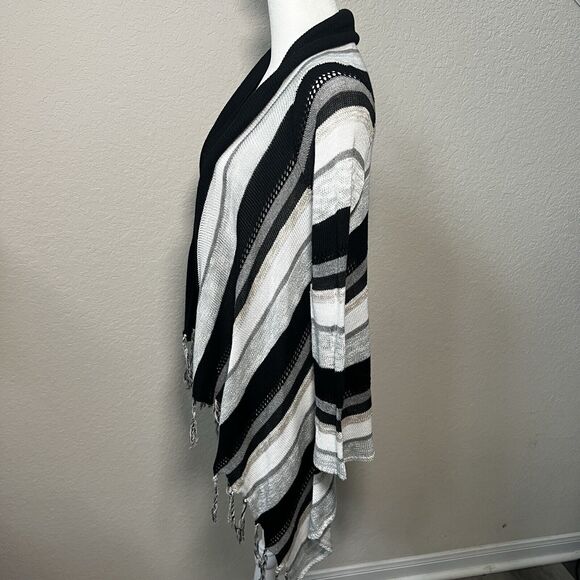 Unbranded Black & White Open Front Cascading Fringe Cardigan - One Size - Picture 9 of 10